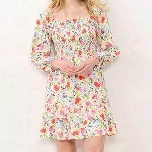 Romantic Floral Smocked Puff‎ Bishop Sleeves Tie Cuffs Lined Dress Sz XS